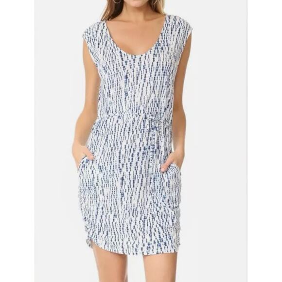NWT Soft by Joie‎ XS Blue White Ruched Sleeveless Tie Dye Scoop Neck Mini Dress - Picture 1 of 8